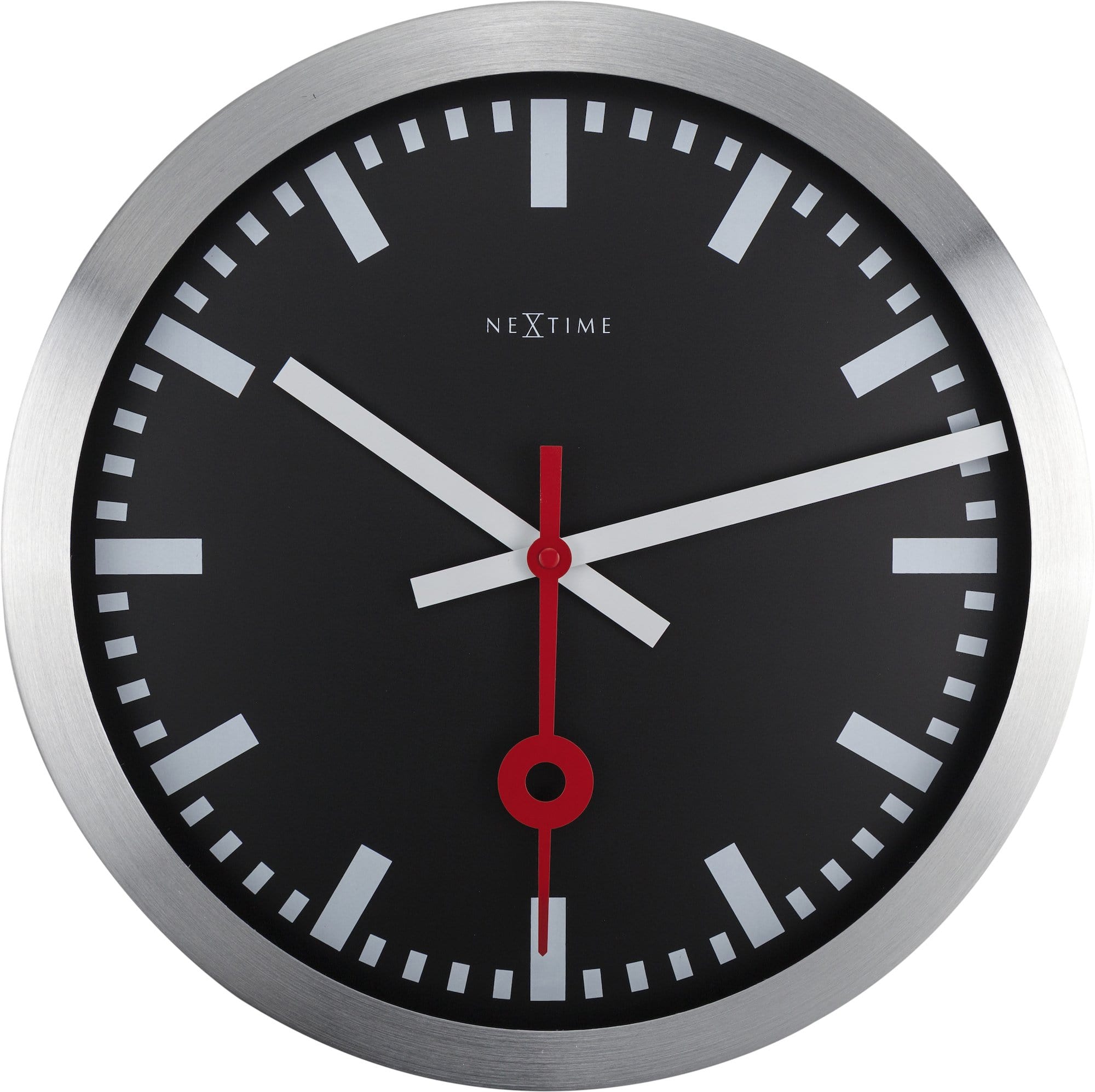 Black aluminum NeXtime Station Stripe wall or table clock with a modern design and sleek finish.